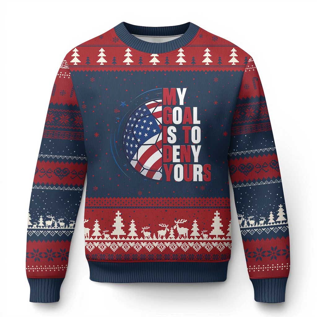 My Goal Is To Deny Yours Ugly Christmas Sweater Soccer Goalie Gift TS12 Navy Red Print Your Wear