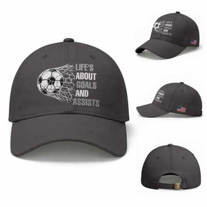 Funny Life Is About Goals And Assists Baseball Cap Soccer Lover TS12 Baseball Cap Universal Fit Dark Gray Print Your Wear