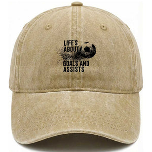 Funny Life Is About Goals And Assists Washed Cotton Baseball Cap Goalkeepers Gifts TS12 Print Your Wear