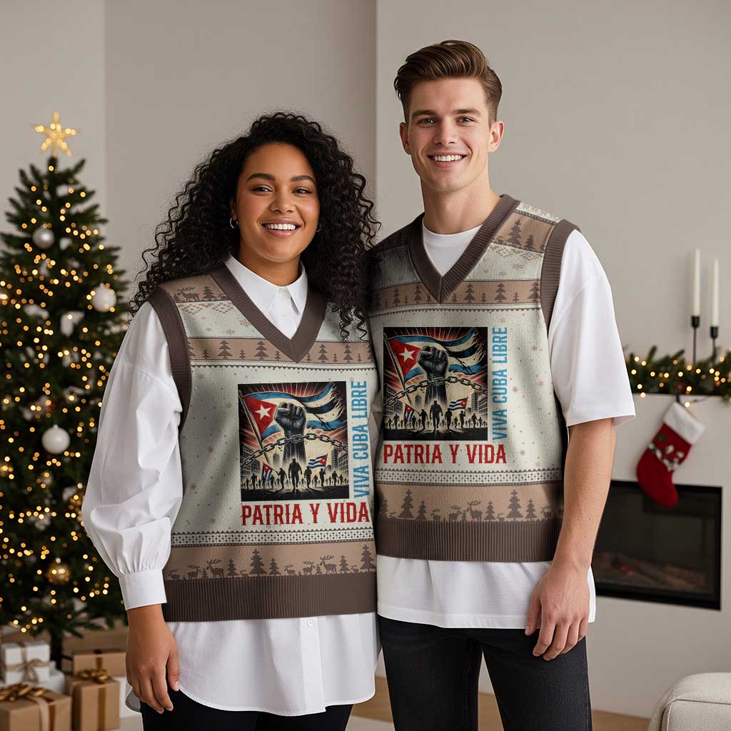 Cuban American Pride V-Neck Knit Sweater Vest Viva Cuba Libre Supporter TS12 Mocha Mousse Print Your Wear