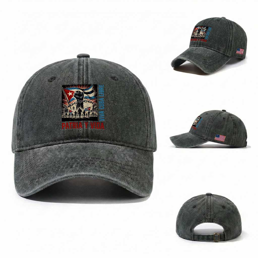 Cuban American Pride Washed Cotton Baseball Cap Viva Cuba Libre Supporter TS12 Washed Cap Universal Fit Dark Green Print Your Wear