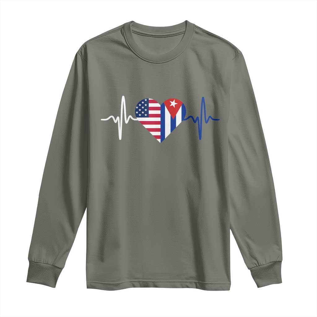 Heartbeat Cuba USA Long Sleeve Shirt Cuban American Pride TS12 Military Green Print Your Wear