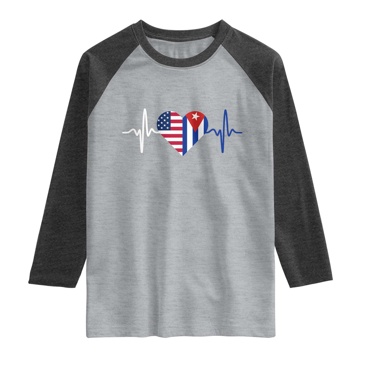 Heartbeat Cuba USA Raglan Shirt Cuban American Pride TS12 Heather Gray Heather Charcoal Print Your Wear