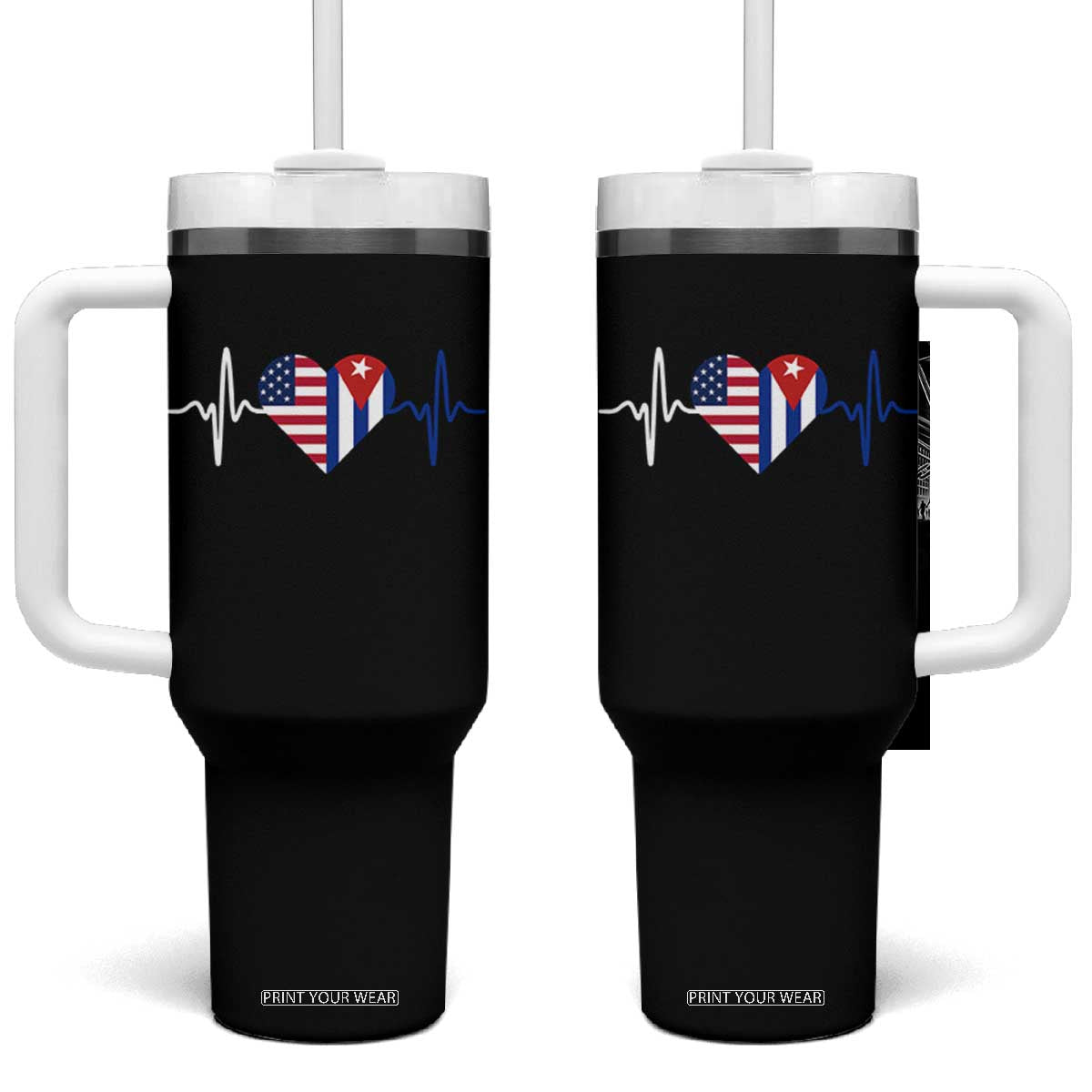 Heartbeat Cuba USA Tumbler With Handle Cuban American Pride TS12 One Size: 40 oz Black Print Your Wear