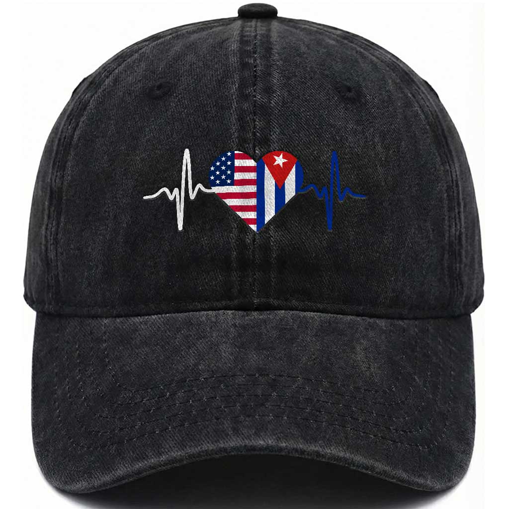 Heartbeat Cuba USA Washed Cotton Baseball Cap Cuban American Pride TS12 Washed Cap Universal Fit Black Print Your Wear