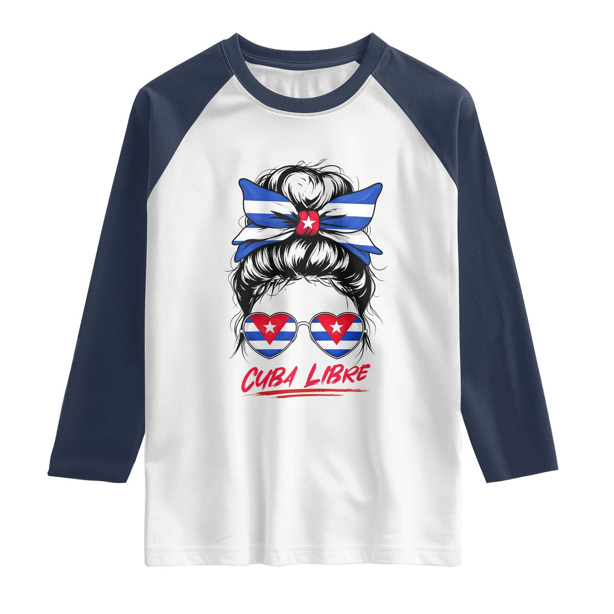 Cuba Libre Raglan Shirt Messy Bun Cuban Woman Sunglasses TS12 White Navy Print Your Wear