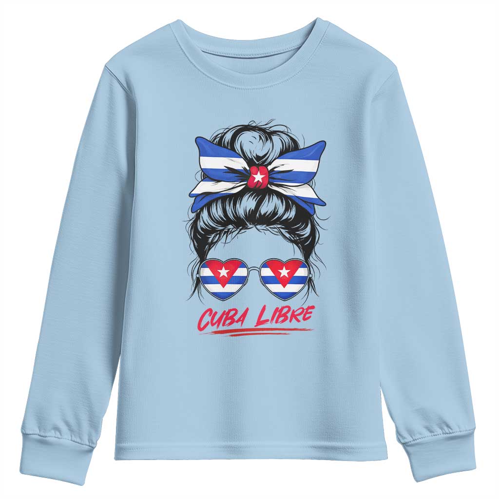 Cuba Libre Youth Sweatshirt Messy Bun Cuban Woman Sunglasses TS12 Light Blue Print Your Wear