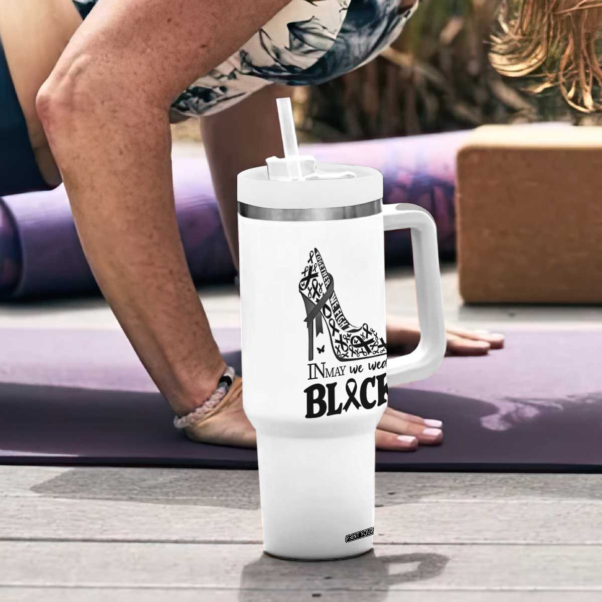 In May We Wear Black Tumbler With Handle Skin Cancer Support Gift For Her TS12 Print Your Wear
