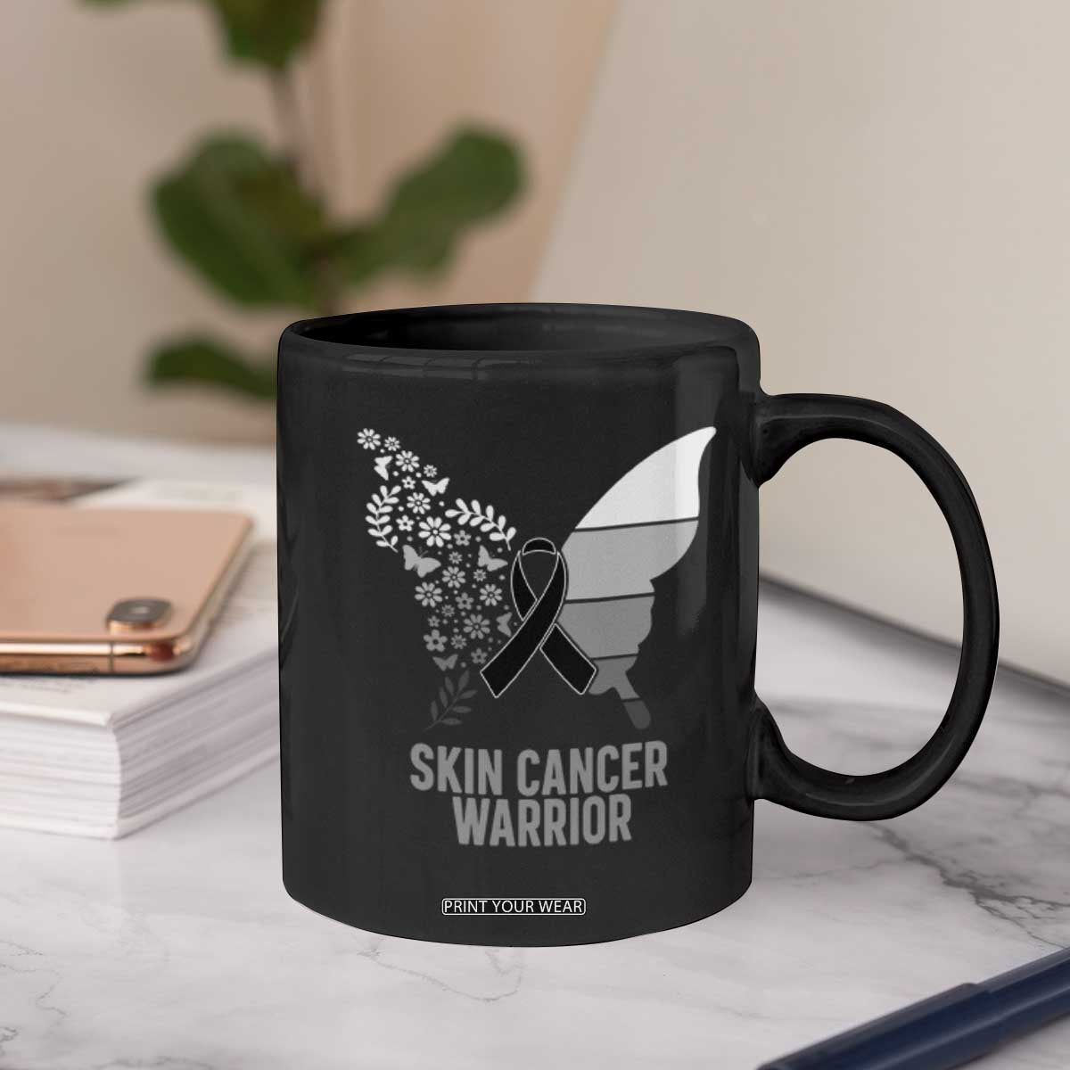 Floral Butterfly Melanoma Awarenes Coffee Mug Black Ribbon Warrior Support Gift TS12 Print Your Wear