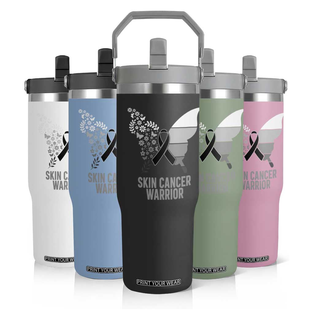 Floral Butterfly Melanoma Awarenes Flip Straw Tumbler Black Ribbon Warrior Support Gift TS12 Print Your Wear