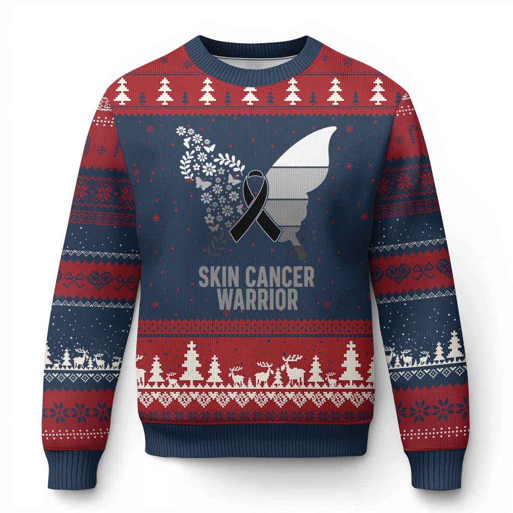 Floral Butterfly Melanoma Awarenes Ugly Christmas Sweater Black Ribbon Warrior Support Gift TS12 Navy Red Print Your Wear