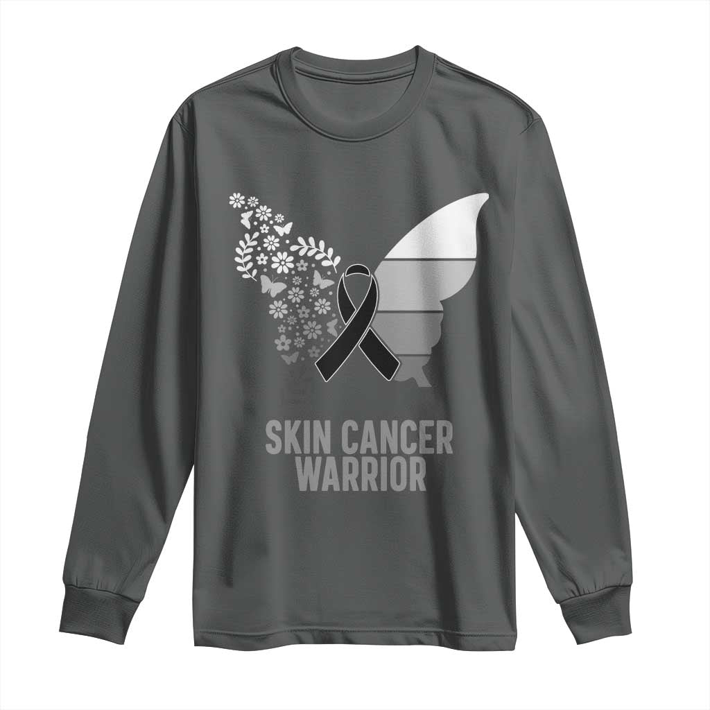 Floral Butterfly Melanoma Awarenes Long Sleeve Shirt Black Ribbon Warrior Support Gift TS12 Dark Heather Print Your Wear