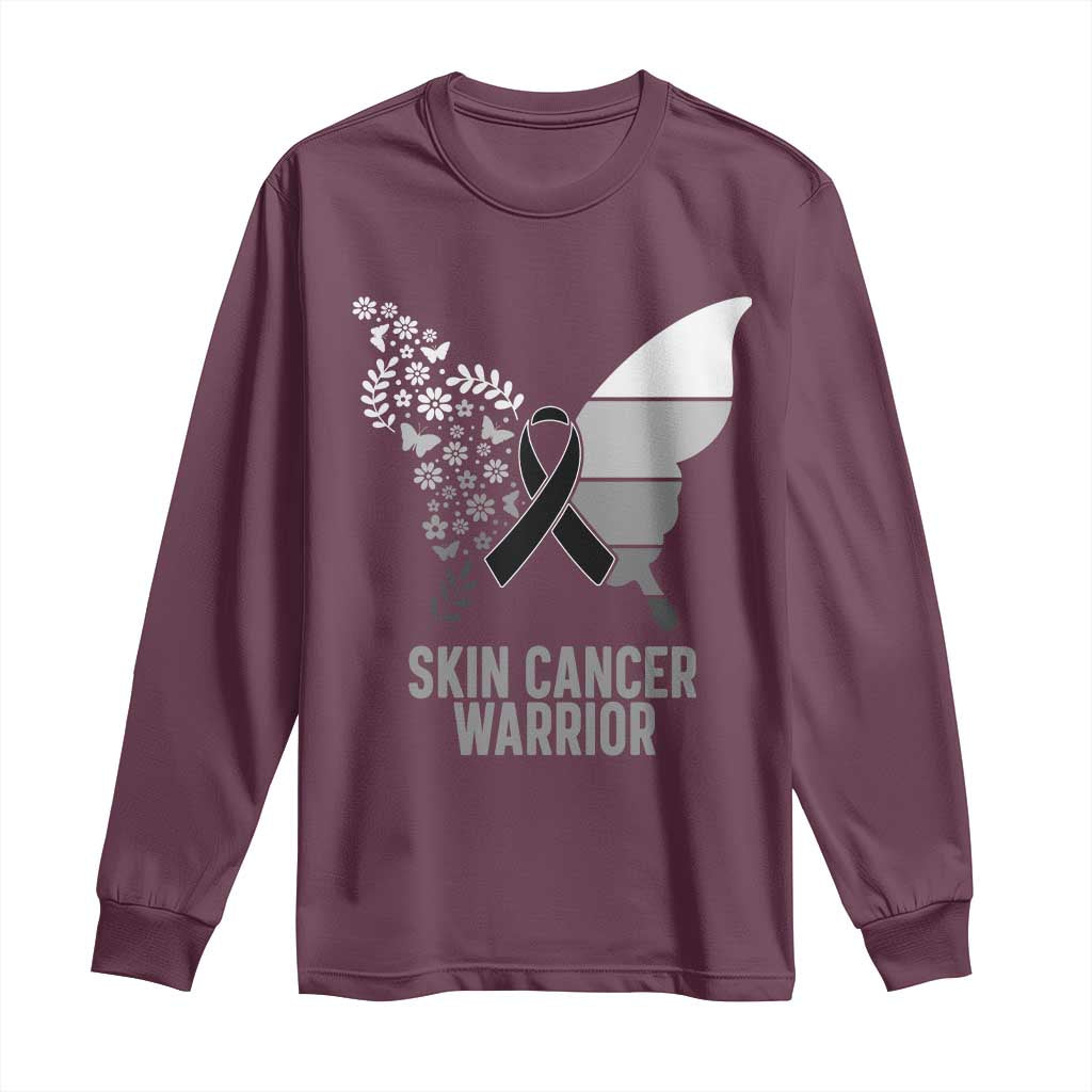 Floral Butterfly Melanoma Awarenes Long Sleeve Shirt Black Ribbon Warrior Support Gift TS12 Maroon Print Your Wear