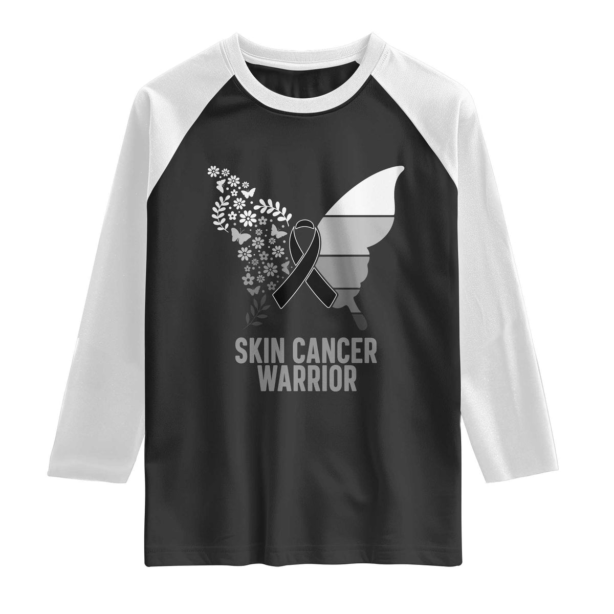 Floral Butterfly Melanoma Awarenes Raglan Shirt Black Ribbon Warrior Support Gift TS12 Black White Print Your Wear