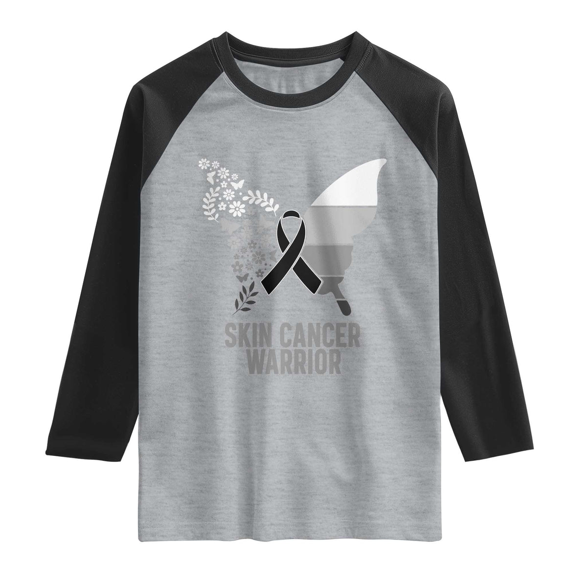 Floral Butterfly Melanoma Awarenes Raglan Shirt Black Ribbon Warrior Support Gift TS12 Heather Gray Black Print Your Wear