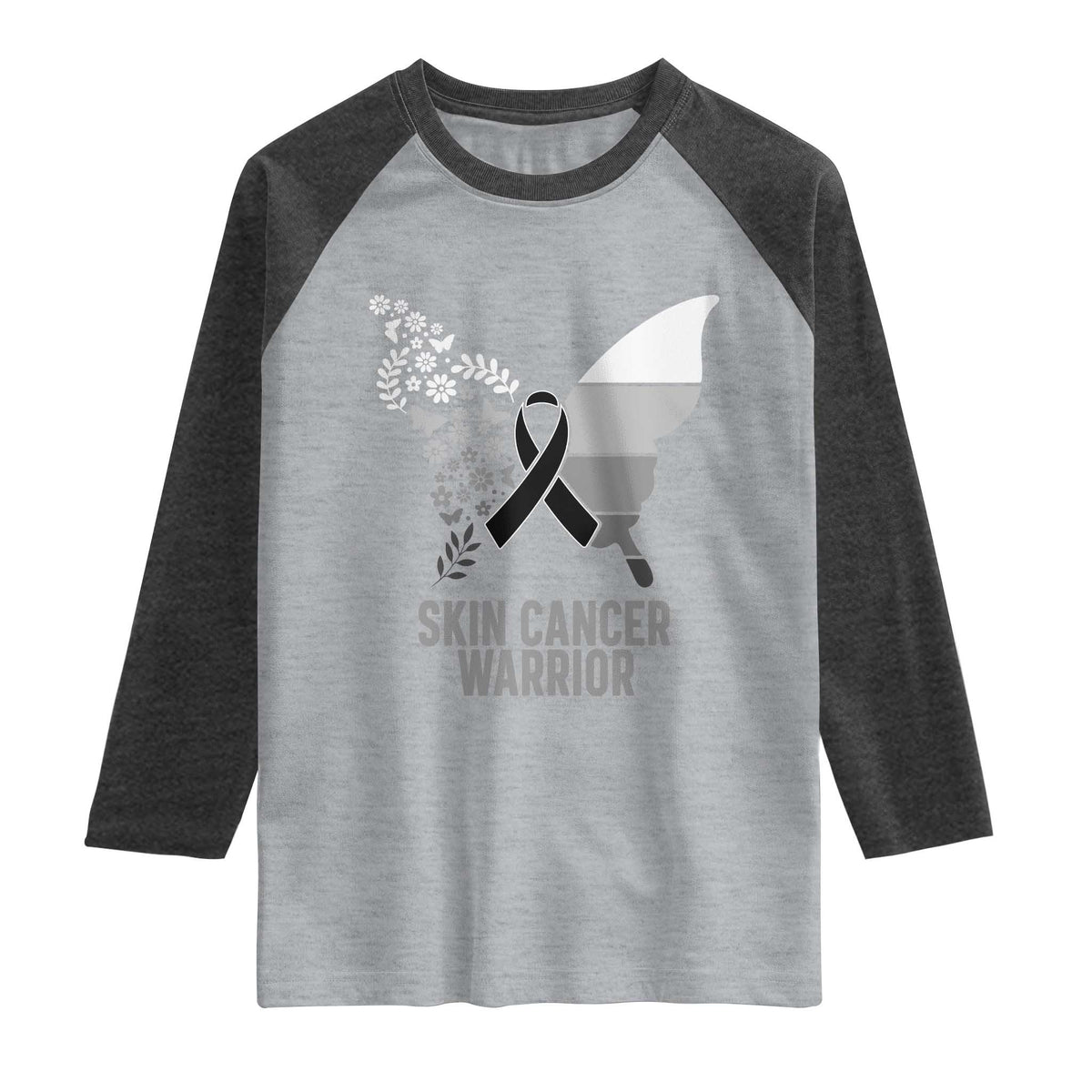 Floral Butterfly Melanoma Awarenes Raglan Shirt Black Ribbon Warrior Support Gift TS12 Heather Gray Heather Charcoal Print Your Wear