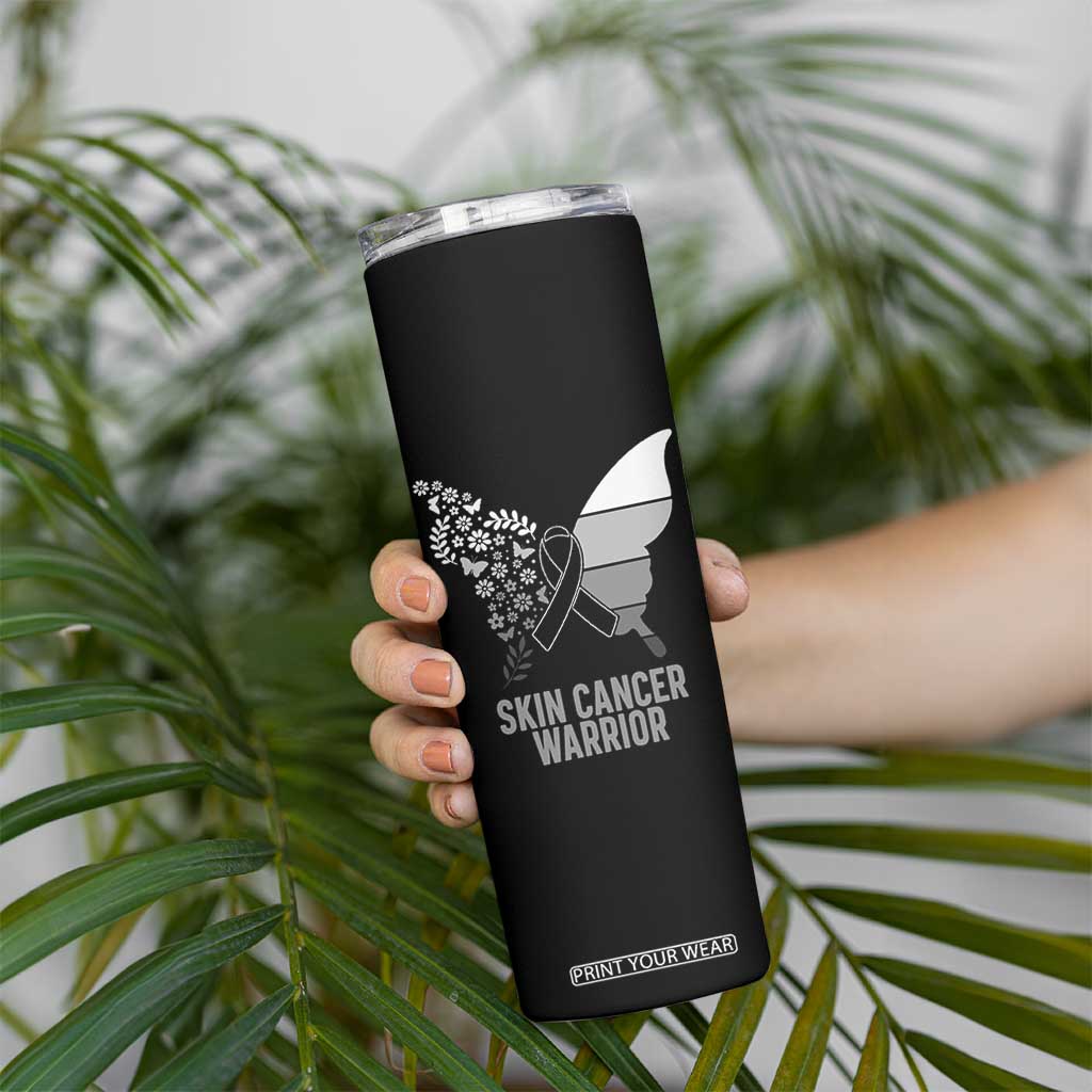 Floral Butterfly Melanoma Awarenes Skinny Tumbler Black Ribbon Warrior Support Gift TS12 Print Your Wear