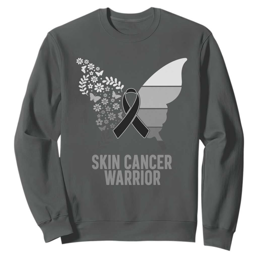 Floral Butterfly Melanoma Awarenes Sweatshirt Black Ribbon Warrior Support Gift TS12 Dark Heather Print Your Wear