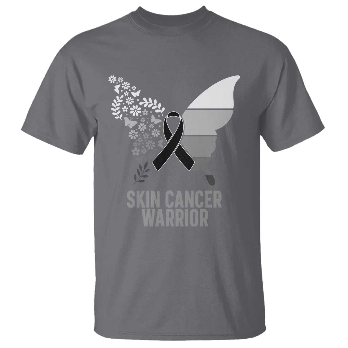 Floral Butterfly Melanoma Awarenes T Shirt Black Ribbon Warrior Support Gift TS12 Charcoal Print Your Wear