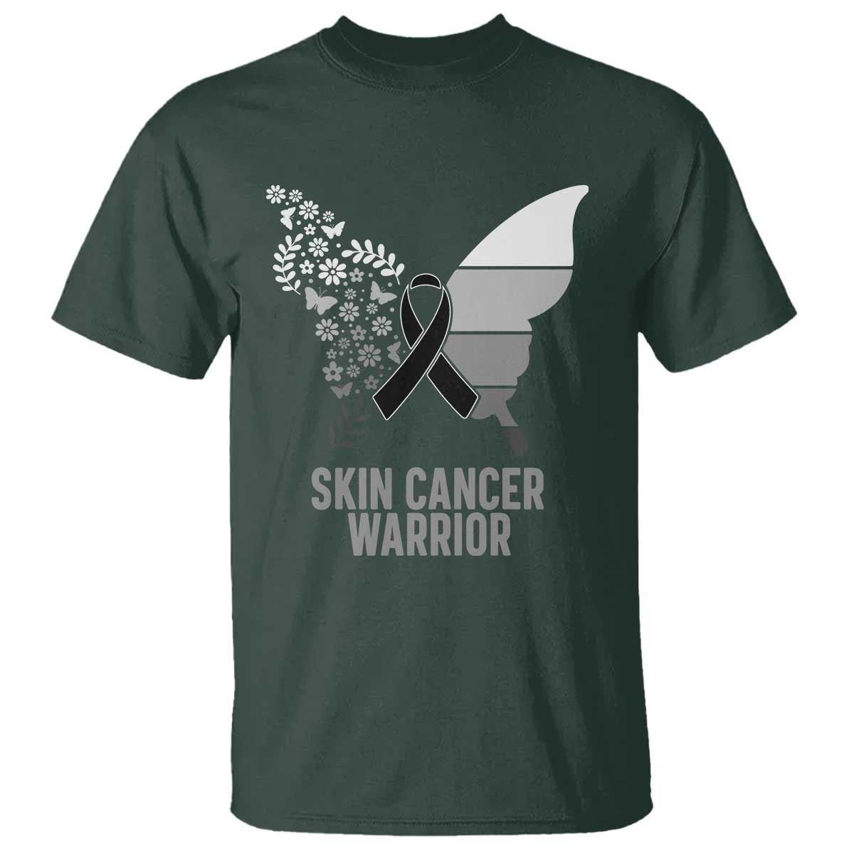 Floral Butterfly Melanoma Awarenes T Shirt Black Ribbon Warrior Support Gift TS12 Dark Forest Green Print Your Wear