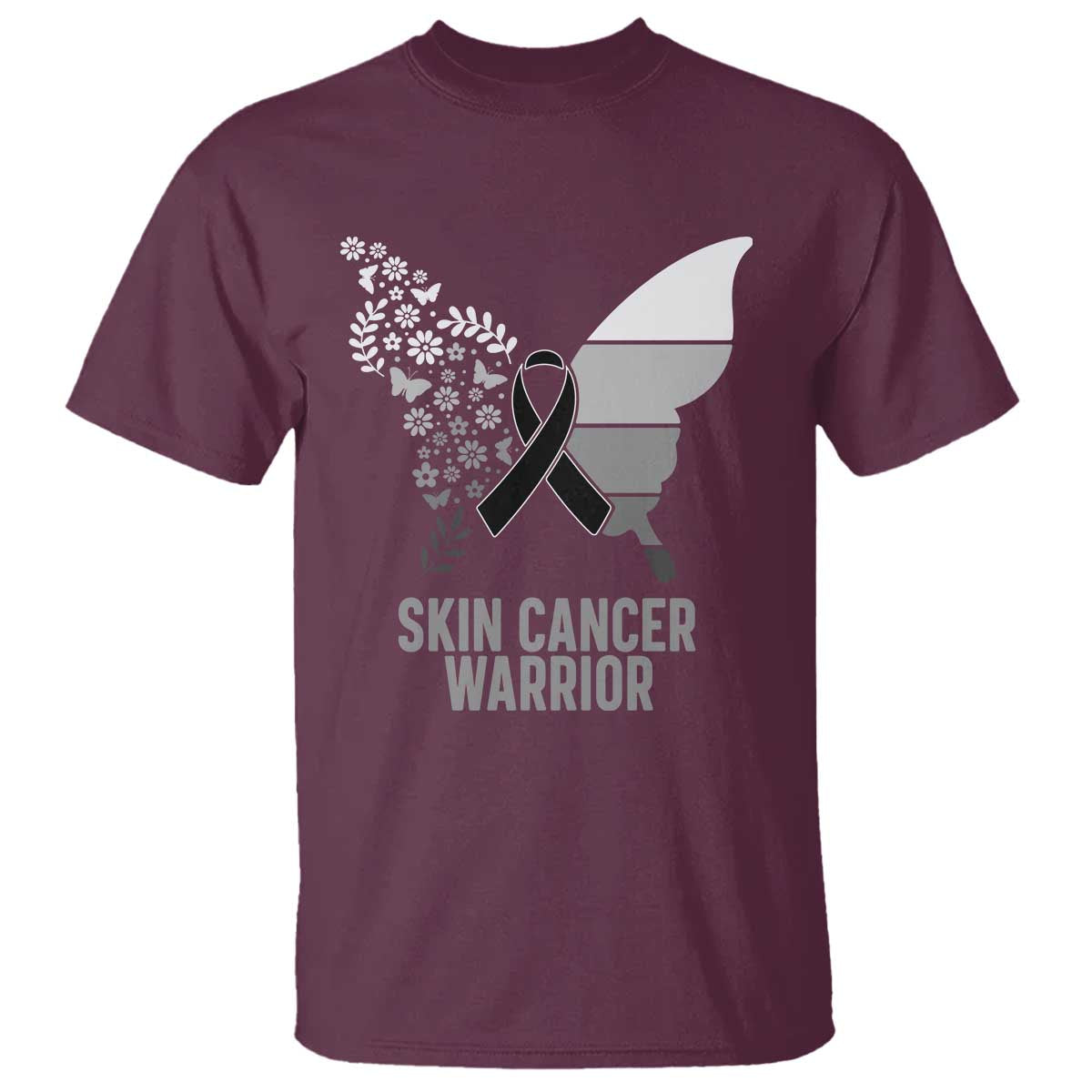 Floral Butterfly Melanoma Awarenes T Shirt Black Ribbon Warrior Support Gift TS12 Maroon Print Your Wear
