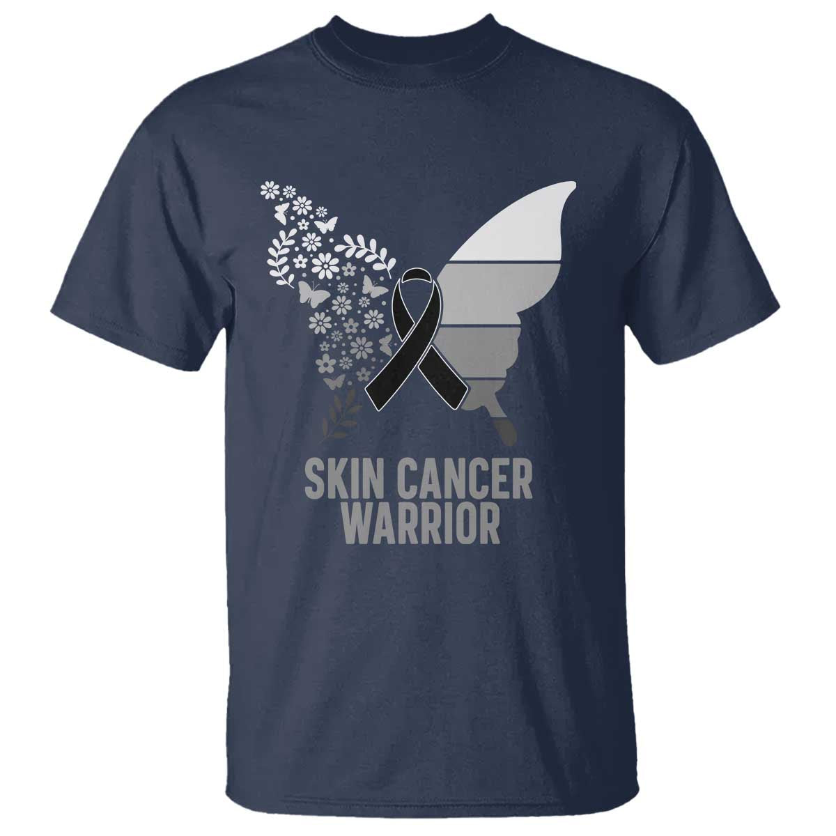 Floral Butterfly Melanoma Awarenes T Shirt Black Ribbon Warrior Support Gift TS12 Navy Print Your Wear