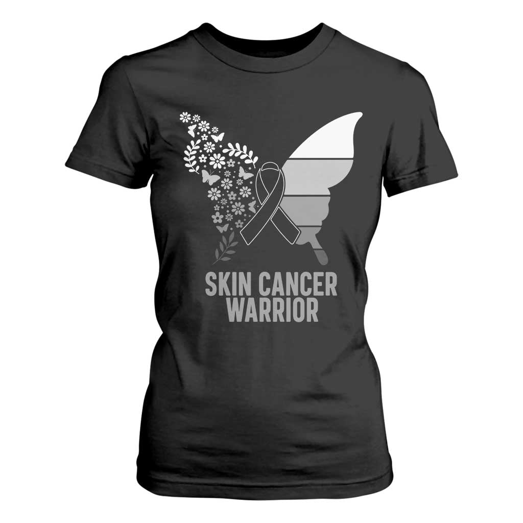 Floral Butterfly Melanoma Awarenes T Shirt For Women Black Ribbon Warrior Support Gift TS12 Black Print Your Wear