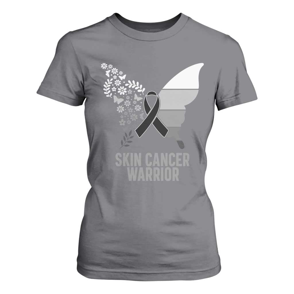 Floral Butterfly Melanoma Awarenes T Shirt For Women Black Ribbon Warrior Support Gift TS12 Charcoal Print Your Wear