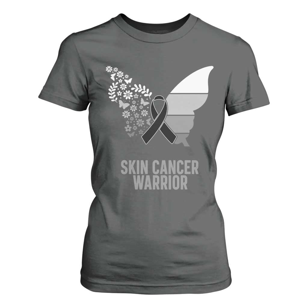 Floral Butterfly Melanoma Awarenes T Shirt For Women Black Ribbon Warrior Support Gift TS12 Dark Heather Print Your Wear
