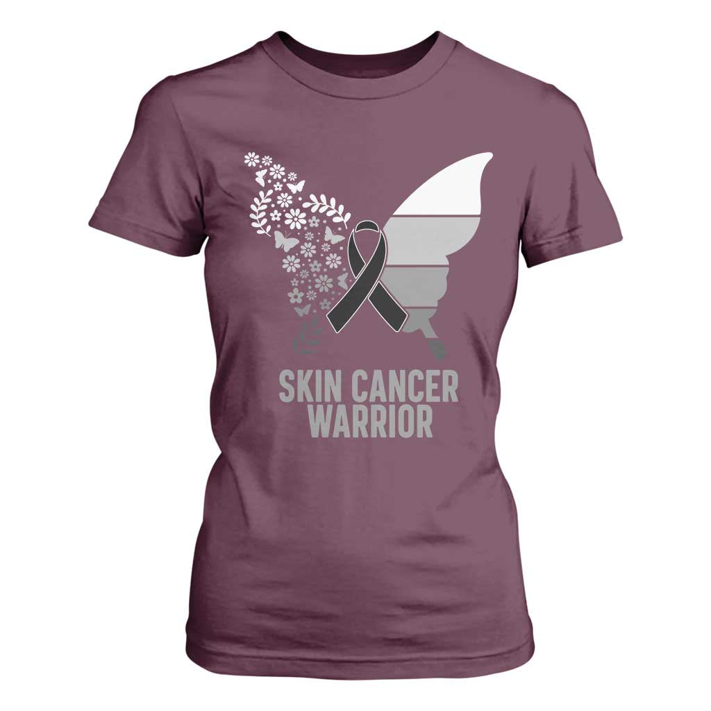 Floral Butterfly Melanoma Awarenes T Shirt For Women Black Ribbon Warrior Support Gift TS12 Maroon Print Your Wear