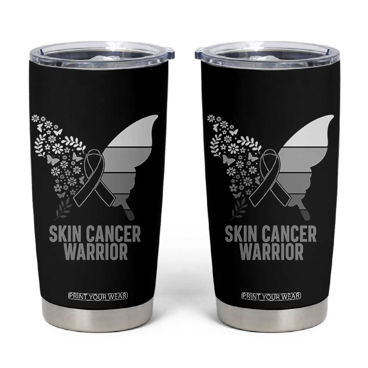 Floral Butterfly Melanoma Awarenes Tumbler Cup Black Ribbon Warrior Support Gift TS12 Black Print Your Wear