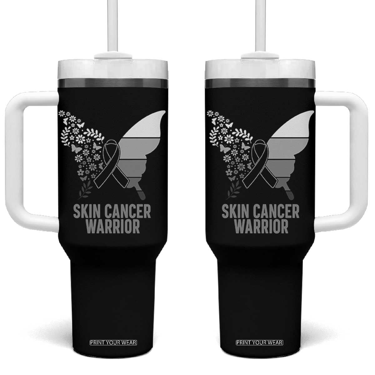 Floral Butterfly Melanoma Awarenes Tumbler With Handle Black Ribbon Warrior Support Gift TS12 One Size: 40 oz Black Print Your Wear