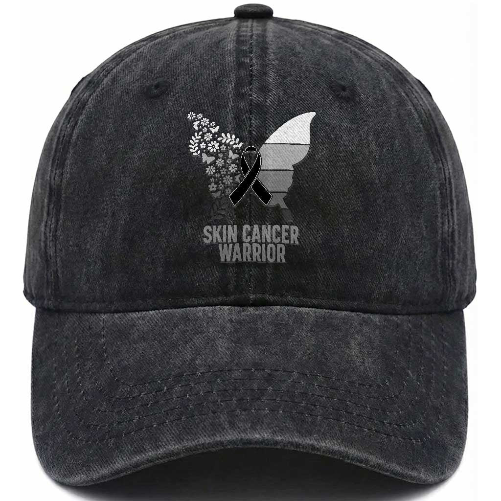 Floral Butterfly Melanoma Awarenes Washed Cotton Baseball Cap Black Ribbon Warrior Support Gift TS12 Print Your Wear