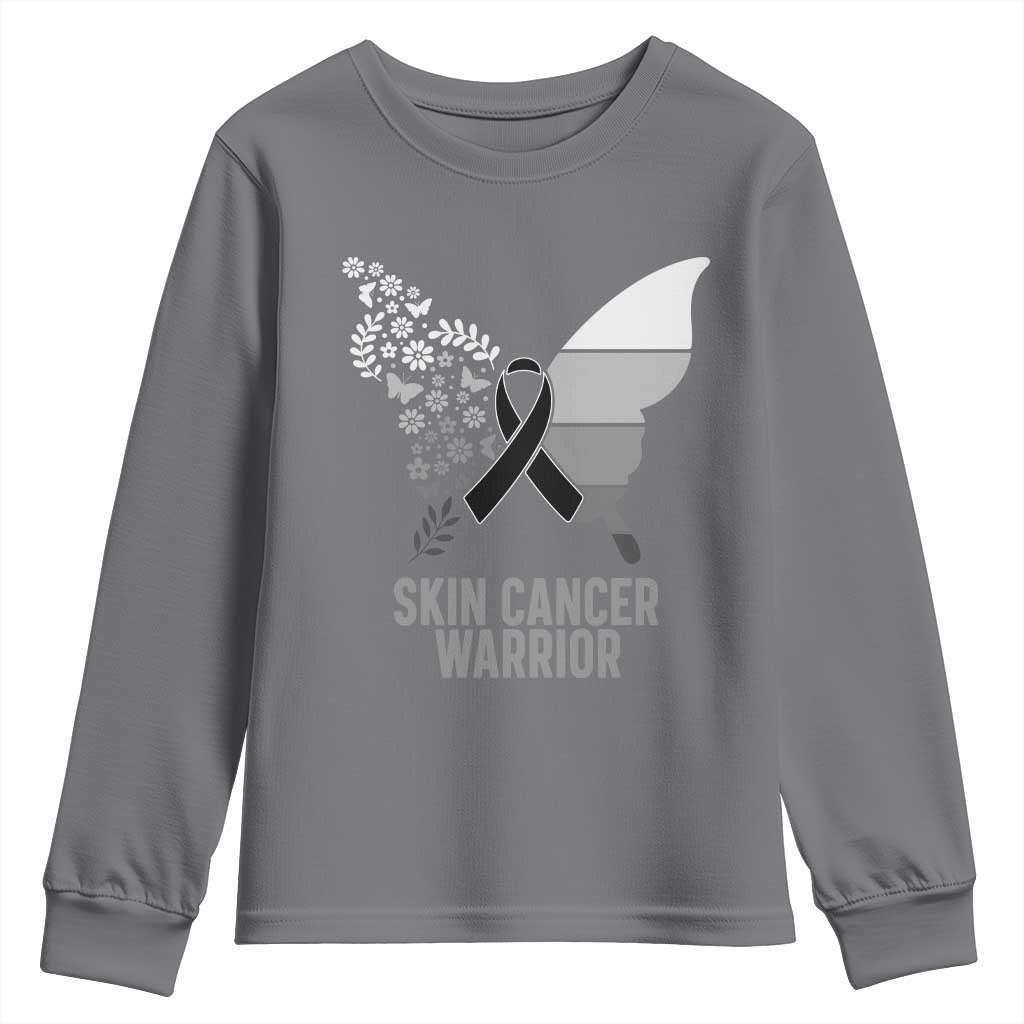 Floral Butterfly Melanoma Awarenes Youth Sweatshirt Black Ribbon Warrior Support Gift TS12 Charcoal Print Your Wear