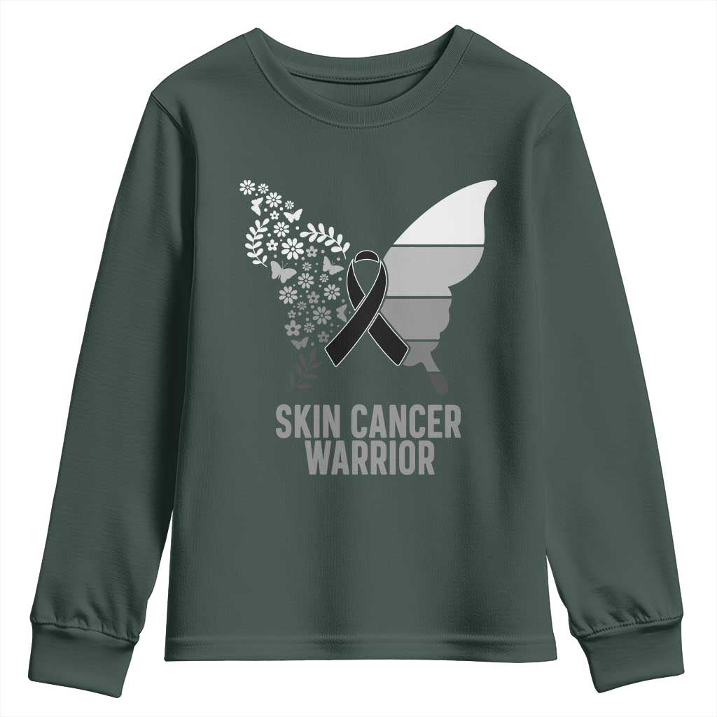 Floral Butterfly Melanoma Awarenes Youth Sweatshirt Black Ribbon Warrior Support Gift TS12 Dark Forest Green Print Your Wear