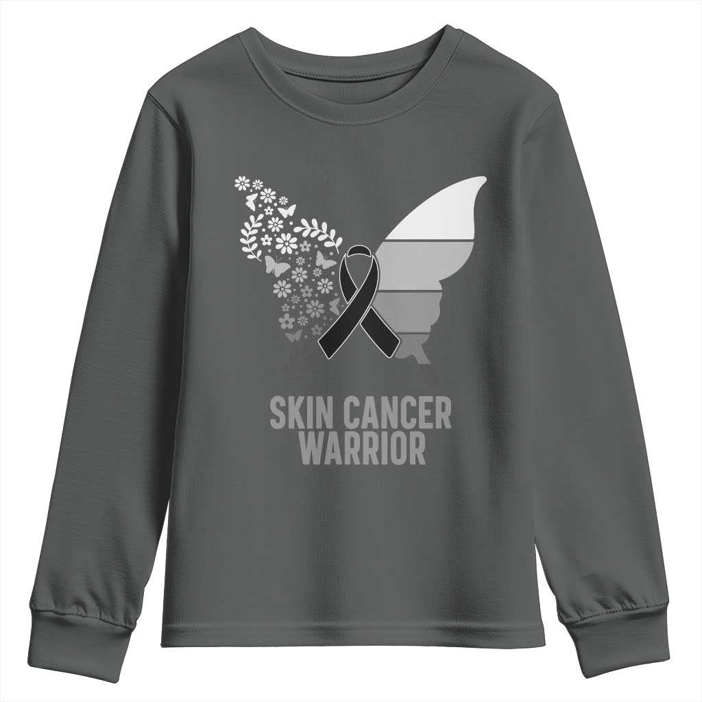 Floral Butterfly Melanoma Awarenes Youth Sweatshirt Black Ribbon Warrior Support Gift TS12 Dark Heather Print Your Wear