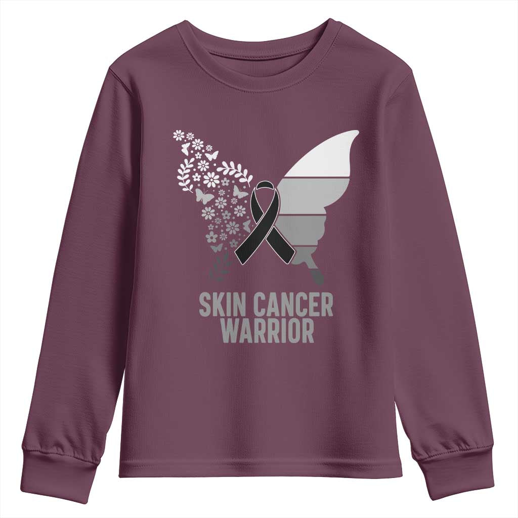 Floral Butterfly Melanoma Awarenes Youth Sweatshirt Black Ribbon Warrior Support Gift TS12 Maroon Print Your Wear