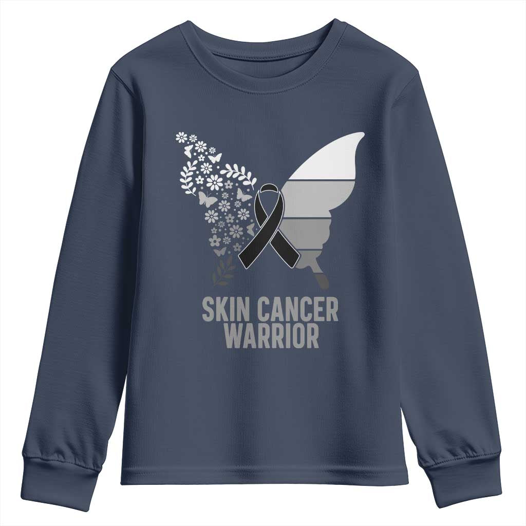 Floral Butterfly Melanoma Awarenes Youth Sweatshirt Black Ribbon Warrior Support Gift TS12 Navy Print Your Wear