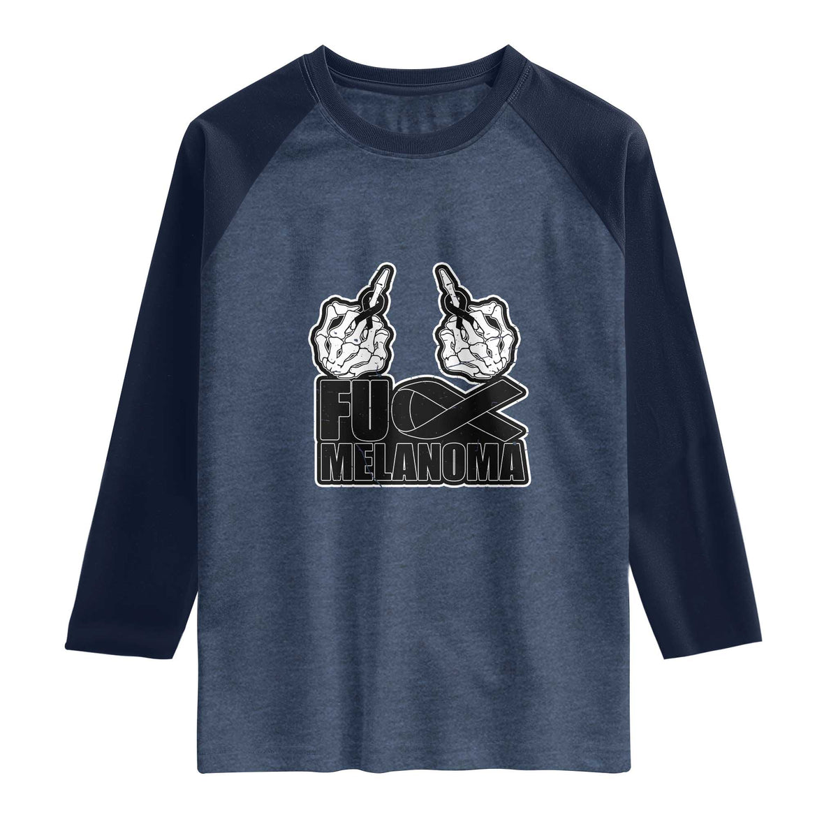 Fuck Melanoma Raglan Shirt Skeleton Hand Black Ribbon Awareness TS12 Heather Denim Navy Print Your Wear