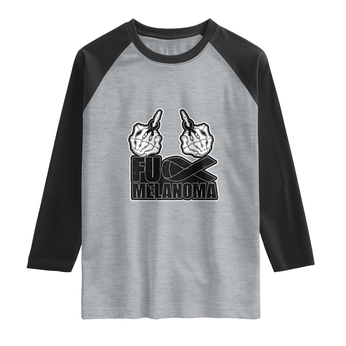 Fuck Melanoma Raglan Shirt Skeleton Hand Black Ribbon Awareness TS12 Heather Gray Black Print Your Wear
