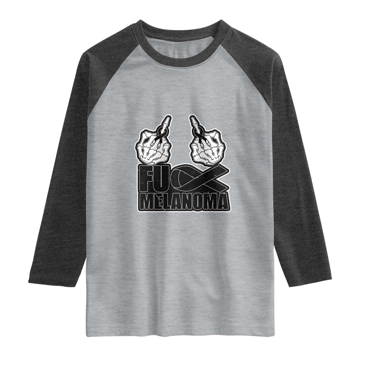 Fuck Melanoma Raglan Shirt Skeleton Hand Black Ribbon Awareness TS12 Heather Gray Heather Charcoal Print Your Wear