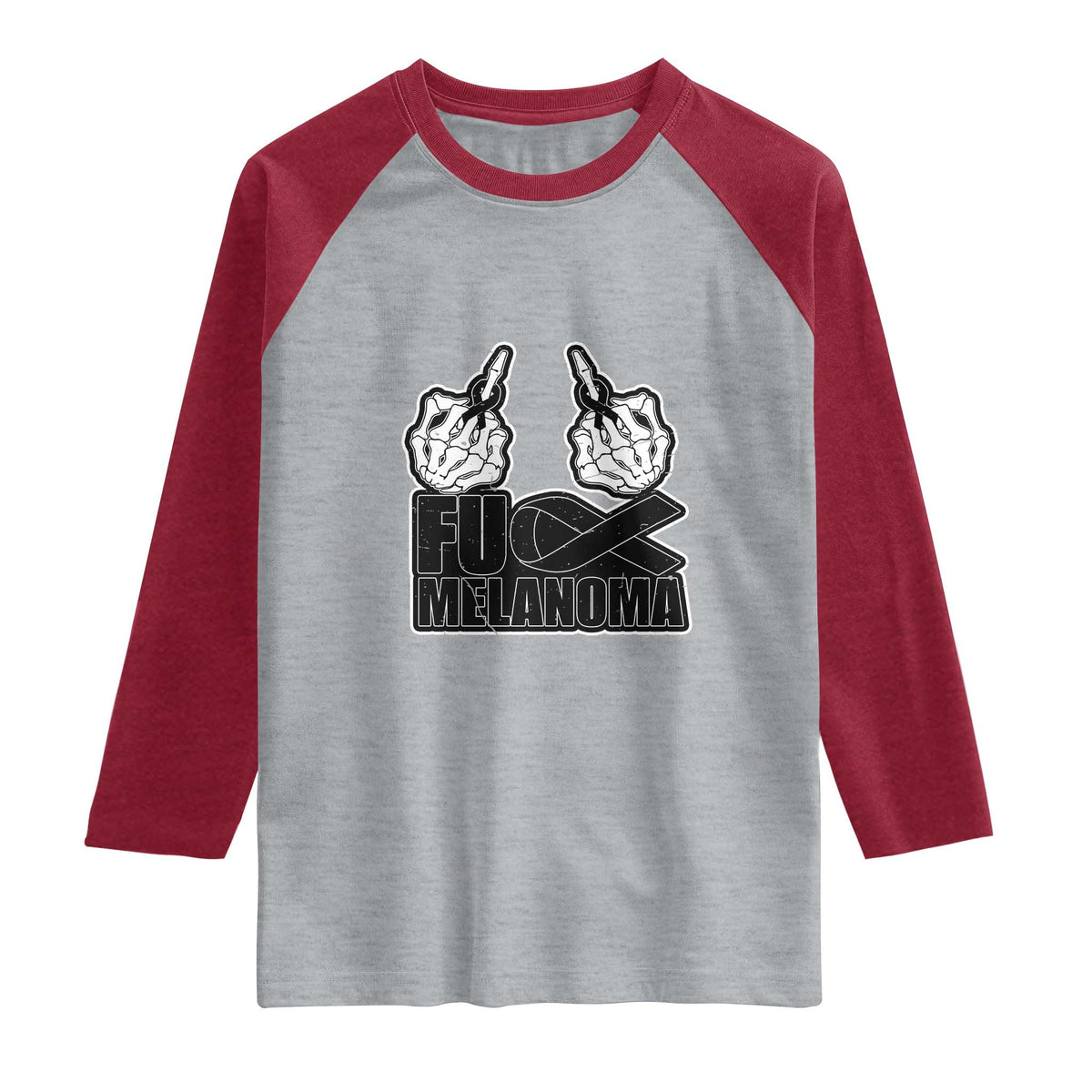 Fuck Melanoma Raglan Shirt Skeleton Hand Black Ribbon Awareness TS12 Heather Gray Heather Red Print Your Wear