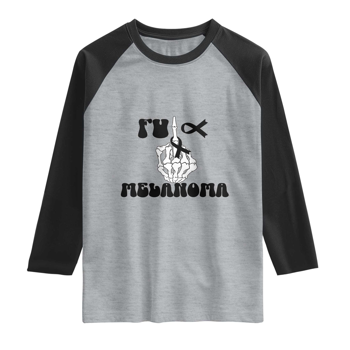 Fuck Melanoma Awareness Raglan Shirt Skeleton Hand Ribbon Warrior Gift TS12 Heather Gray Black Print Your Wear