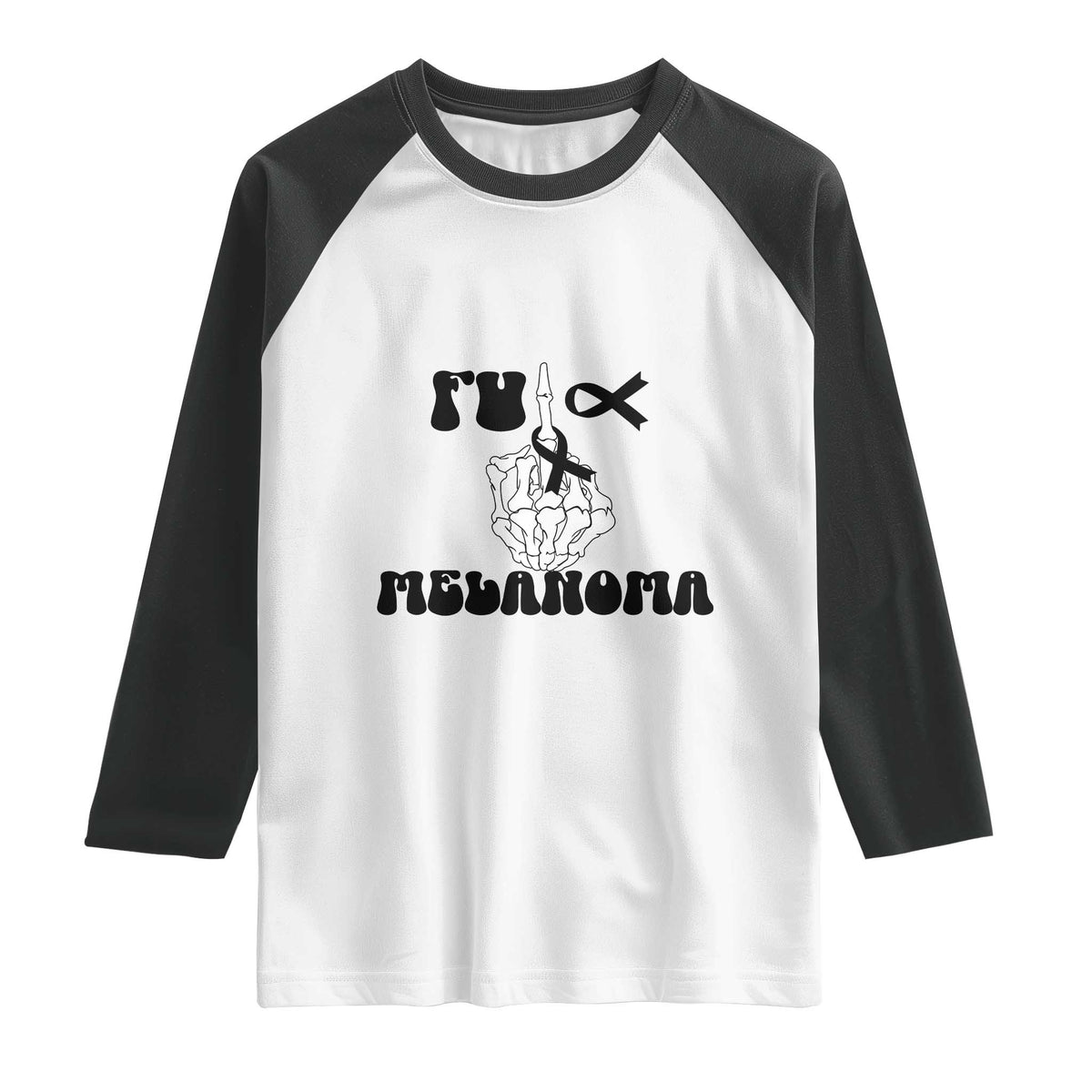 Fuck Melanoma Awareness Raglan Shirt Skeleton Hand Ribbon Warrior Gift TS12 White Black Print Your Wear