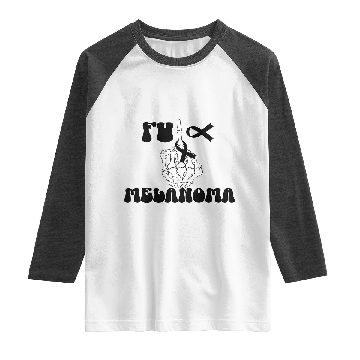 Fuck Melanoma Awareness Raglan Shirt Skeleton Hand Ribbon Warrior Gift TS12 White Heather Charcoal Print Your Wear