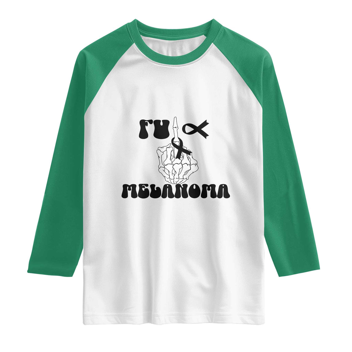 Fuck Melanoma Awareness Raglan Shirt Skeleton Hand Ribbon Warrior Gift TS12 White Kelly Green Print Your Wear