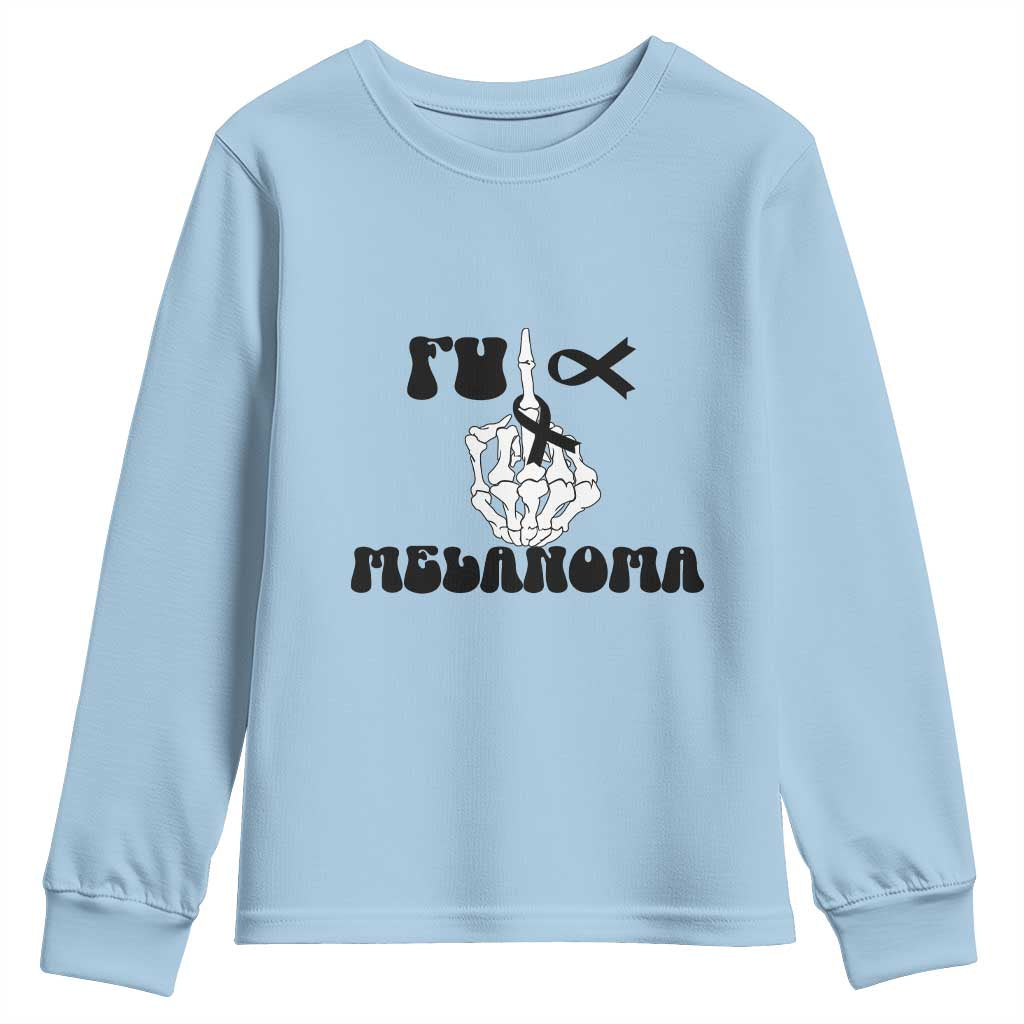 Fuck Melanoma Awareness Youth Sweatshirt Skeleton Hand Ribbon Warrior Gift TS12 Light Blue Print Your Wear