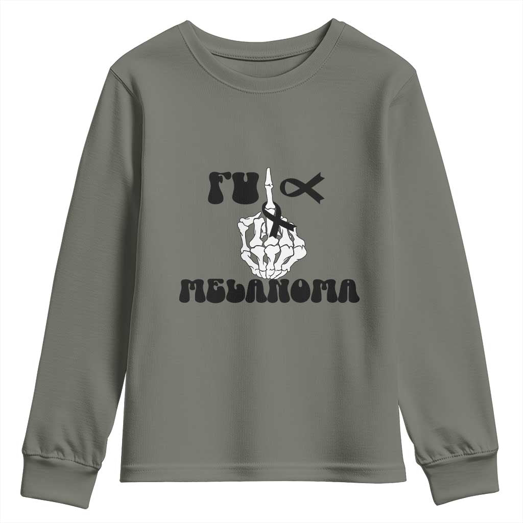 Fuck Melanoma Awareness Youth Sweatshirt Skeleton Hand Ribbon Warrior Gift TS12 Military Green Print Your Wear
