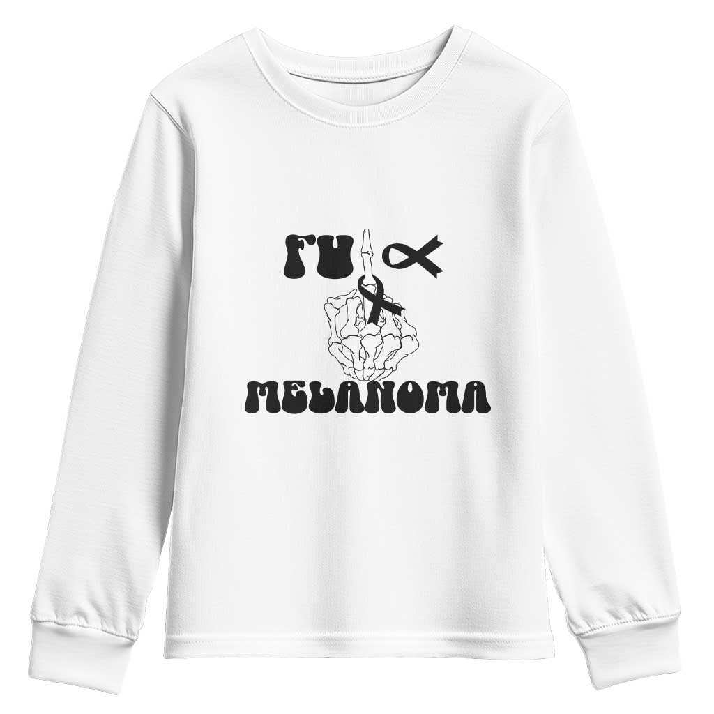 Fuck Melanoma Awareness Youth Sweatshirt Skeleton Hand Ribbon Warrior Gift TS12 White Print Your Wear