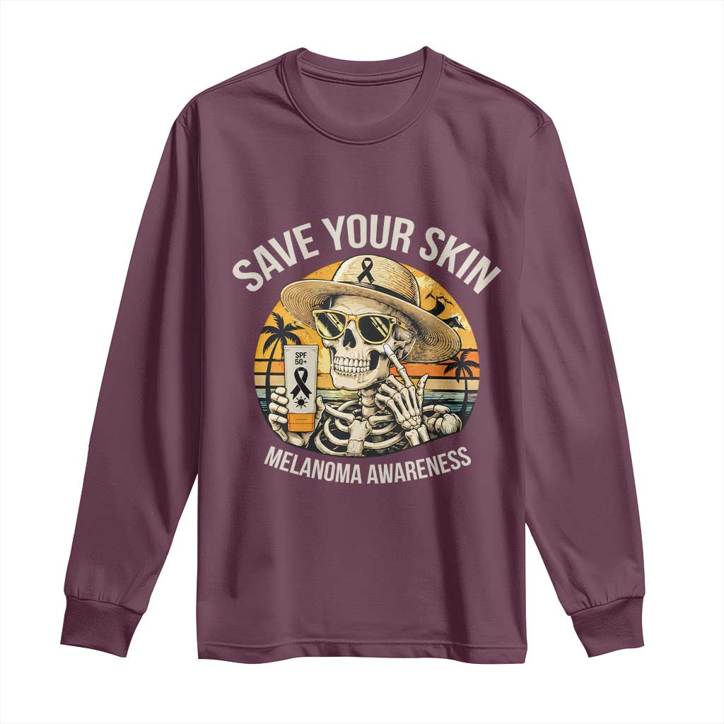 Funny Melanoma Cancer Awareness Graphic Long Sleeve Shirt Save Your Skin TS12 Maroon Print Your Wear